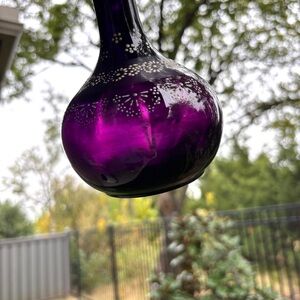 Antique 1900s Amethyst Handpainted Pontiled Glass Barber Bottle 8" Daisy Button